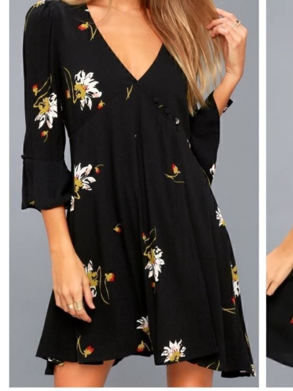 Free People Time On My Side Black Floral Wrap Dress XS Boho Mini